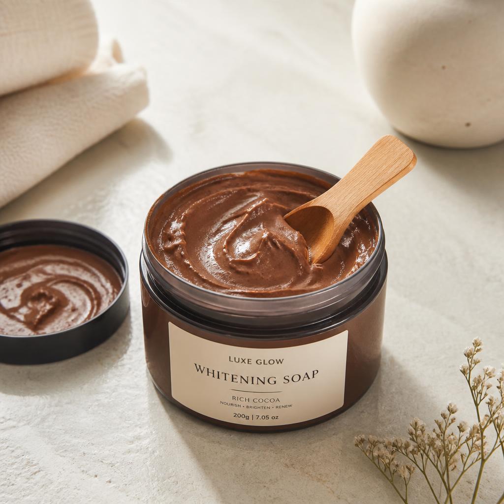 Cocoa Clay brown whitening soap in a small tub with a wooden scoop