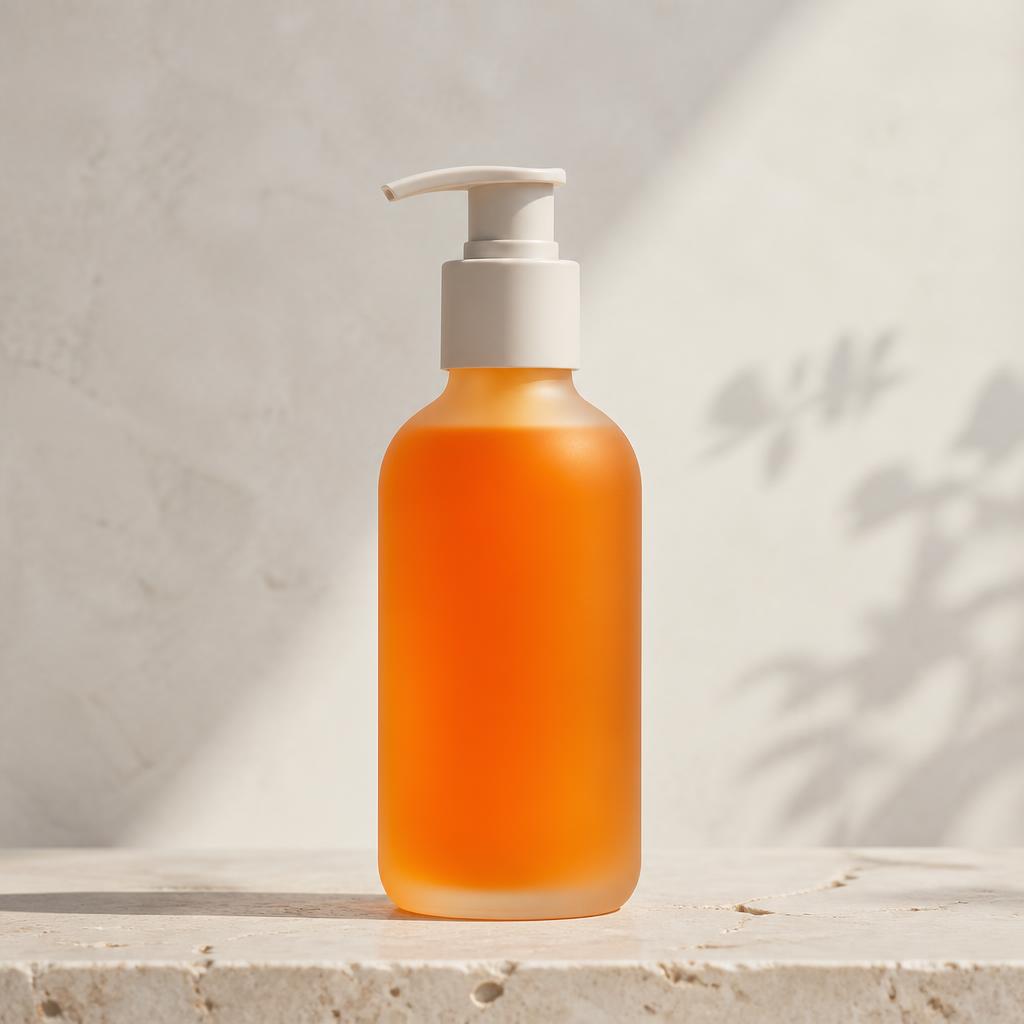 Citrus Wake orange lightening body wash in a frosted pump bottle