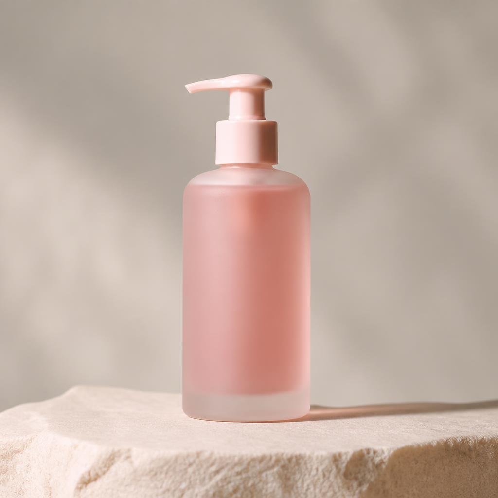 Rose Veil pink lightening body wash in a frosted pump bottle