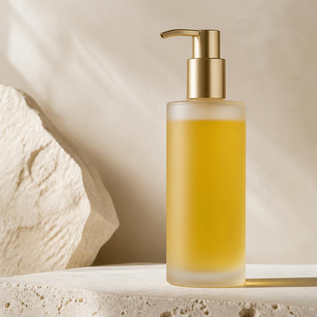 Golden Hour yellow lightening body wash in a frosted pump bottle